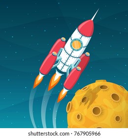 Rocket spacecraft  flies around a yellow planet with craters. 3d isometric space vector illustration.