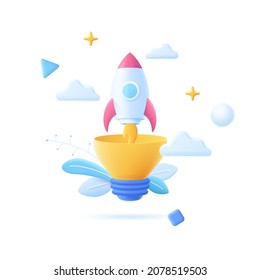 Rocket or spacecraft flying out of lightbulb. Concept of innovative project launch, technological breakthrough or insight, hi-tech innovation or discovery. Vector illustration for banner, poster.