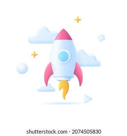 Rocket or spacecraft flying up. Concept of space mission or exploration, interstellar travel or trip, startup project launch, new beginning or start. 3D cartoon vector illustration for banner, poster.