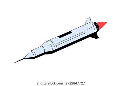 Cohete, nave espacial con motor a reacción vuela en el cosmos. Nave espacial moderna, lanzadera está en vuelo. La nave espacial está volando en el viaje del universo, viaje de la galaxia. Ilustración vectorial aislada plana sobre fondo blanco