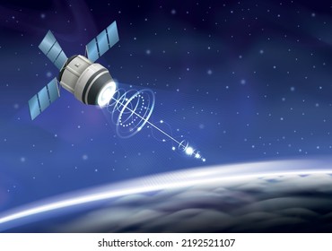 Rocket spacecraft launch realistic composition with view of outer space earth orbit and flying artificial satellite vector illustration