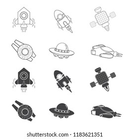 Rocket and spacecraft stroke outline line icon set vector ,illustration. Technology spaceship, science cartoon cute concept. 
