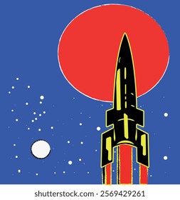 rocket, spaceship, abstraction, fantasy, vector, illustration, moon, sun, stars, lines, painting, poetry.eps