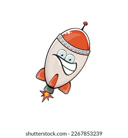 Rocket spaceship character. Cartoon space rocket isolated on white background. Funky spaceship and shuttle character with eyes and mouth. Vector retro space ship clip art, emoji, label and sticker