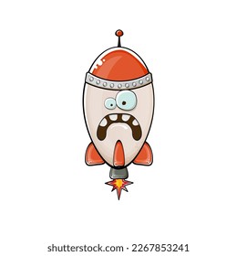 Carácter de nave espacial cohete. Cohetes espaciales de dibujos animados aislados sobre fondo blanco. Funky nave espacial y personaje de autobús con ojos y boca. Vector retro espacio arte clip de barco, emoji, etiqueta y pegatina