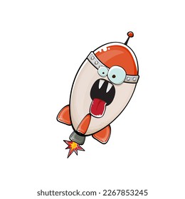 Rocket spaceship character. Cartoon space rocket isolated on white background. Funky spaceship and shuttle character with eyes and mouth. Vector retro space ship clip art, emoji, label and sticker
