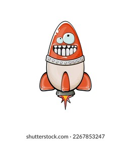 Rocket spaceship character. Cartoon space rocket isolated on white background. Funky spaceship and shuttle character with eyes and mouth. Vector retro space ship clip art, emoji, label and sticker