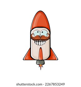 Rocket spaceship character. Cartoon space rocket isolated on white background. Funky spaceship and shuttle character with eyes and mouth. Vector retro space ship clip art, emoji, label and sticker