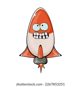 Raumschiff der Rakete. Cartoon-Raumrakete einzeln auf weißem Hintergrund. Funky Raumschiff und Shuttle-Charakter mit Augen und Mund. Video-Clip-Art, Emoji, Label und Aufkleber für Vektorretro-Weltraumschiff