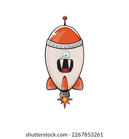 Rocket spaceship character. Cartoon space rocket isolated on white background. Funky spaceship and shuttle character with eyes and mouth. Vector retro space ship clip art, emoji, label and sticker