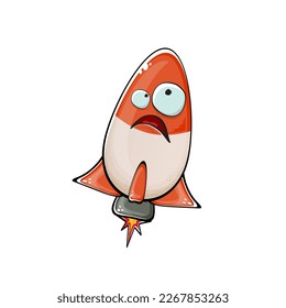 Rocket spaceship character. Cartoon space rocket isolated on white background. Funky spaceship and shuttle character with eyes and mouth. Vector retro space ship clip art, emoji, label and sticker