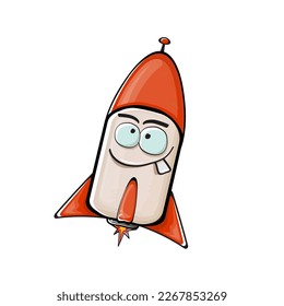Rocket spaceship character. Cartoon space rocket isolated on white background. Funky spaceship and shuttle character with eyes and mouth. Vector retro space ship clip art, emoji, label and sticker