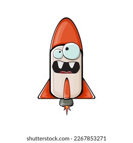 Carácter de nave espacial cohete. Cohetes espaciales de dibujos animados aislados sobre fondo blanco. Funky nave espacial y personaje de autobús con ojos y boca. Vector retro espacio arte clip de barco, emoji, etiqueta y pegatina