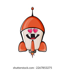 Rocket spaceship character. Cartoon space rocket isolated on white background. Funky spaceship and shuttle character with eyes and mouth. Vector retro space ship clip art, emoji, label and sticker