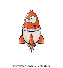 Carácter de nave espacial cohete. Cohetes espaciales de dibujos animados aislados sobre fondo blanco. Funky nave espacial y personaje de autobús con ojos y boca. Vector retro espacio arte clip de barco, emoji, etiqueta y pegatina
