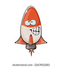 Rocket spaceship character. Cartoon space rocket isolated on white background. Funky spaceship and shuttle character with eyes and mouth. Vector retro space ship clip art, emoji, label and sticker