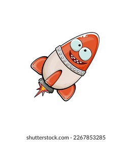 Rocket spaceship character. Cartoon space rocket isolated on white background. Funky spaceship and shuttle character with eyes and mouth. Vector retro space ship clip art, emoji, label and sticker