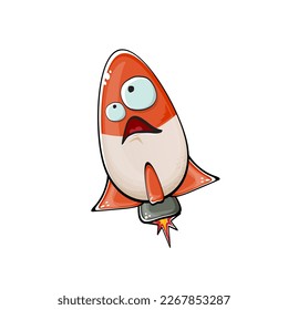 Carácter de nave espacial cohete. Cohetes espaciales de dibujos animados aislados sobre fondo blanco. Funky nave espacial y personaje de autobús con ojos y boca. Vector retro espacio arte clip de barco, emoji, etiqueta y pegatina