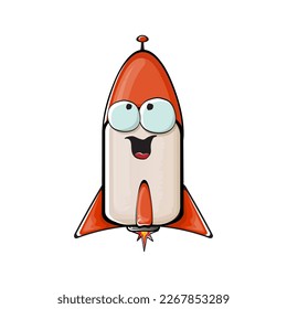 Rocket spaceship character. Cartoon space rocket isolated on white background. Funky spaceship and shuttle character with eyes and mouth. Vector retro space ship clip art, emoji, label and sticker