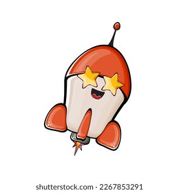 Carácter de nave espacial cohete. Cohetes espaciales de dibujos animados aislados sobre fondo blanco. Funky nave espacial y personaje de autobús con ojos y boca. Vector retro espacio arte clip de barco, emoji, etiqueta y pegatina