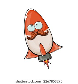 Carácter de nave espacial cohete. Cohetes espaciales de dibujos animados aislados sobre fondo blanco. Funky nave espacial y personaje de autobús con ojos y boca. Vector retro espacio arte clip de barco, emoji, etiqueta y pegatina
