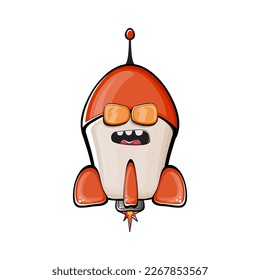 Raumschiff der Rakete. Cartoon-Raumrakete einzeln auf weißem Hintergrund. Funky Raumschiff und Shuttle-Charakter mit Augen und Mund. Video-Clip-Art, Emoji, Label und Aufkleber für Vektorretro-Weltraumschiff