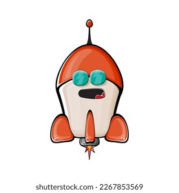 Raumschiff der Rakete. Cartoon-Raumrakete einzeln auf weißem Hintergrund. Funky Raumschiff und Shuttle-Charakter mit Augen und Mund. Video-Clip-Art, Emoji, Label und Aufkleber für Vektorretro-Weltraumschiff