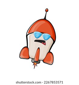 Carácter de nave espacial cohete. Cohetes espaciales de dibujos animados aislados sobre fondo blanco. Funky nave espacial y personaje de autobús con ojos y boca. Vector retro espacio arte clip de barco, emoji, etiqueta y pegatina