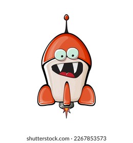 Rocket spaceship character. Cartoon space rocket isolated on white background. Funky spaceship and shuttle character with eyes and mouth. Vector retro space ship clip art, emoji, label and sticker