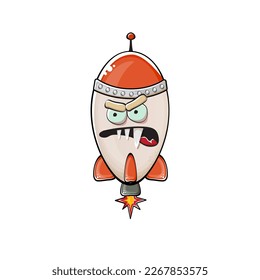 Raumschiff der Rakete. Cartoon-Raumrakete einzeln auf weißem Hintergrund. Funky Raumschiff und Shuttle-Charakter mit Augen und Mund. Video-Clip-Art, Emoji, Label und Aufkleber für Vektorretro-Weltraumschiff