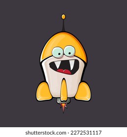 Rocket spaceship character. Cartoon space rocket isolated on space background. Funky spaceship and shuttle character with eyes and mouth. Vector retro space ship clip art, emoji, label and sticker