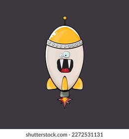 Carácter de nave espacial cohete. cohete espacial de caricatura aislado en el fondo del espacio. Funky nave espacial y personaje de autobús con ojos y boca. Vector retro espacio arte clip de barco, emoji, etiqueta y pegatina