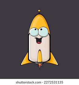 Rocket spaceship character. Cartoon space rocket isolated on space background. Funky spaceship and shuttle character with eyes and mouth. Vector retro space ship clip art, emoji, label and sticker