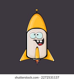 Carácter de nave espacial cohete. cohete espacial de caricatura aislado en el fondo del espacio. Funky nave espacial y personaje de autobús con ojos y boca. Vector retro espacio arte clip de barco, emoji, etiqueta y pegatina