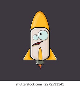 Rocket spaceship character. Cartoon space rocket isolated on space background. Funky spaceship and shuttle character with eyes and mouth. Vector retro space ship clip art, emoji, label and sticker