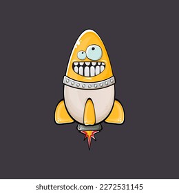 Carácter de nave espacial cohete. cohete espacial de caricatura aislado en el fondo del espacio. Funky nave espacial y personaje de autobús con ojos y boca. Vector retro espacio arte clip de barco, emoji, etiqueta y pegatina