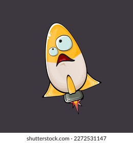Rocket spaceship character. Cartoon space rocket isolated on space background. Funky spaceship and shuttle character with eyes and mouth. Vector retro space ship clip art, emoji, label and sticker