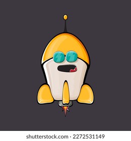 Carácter de nave espacial cohete. cohete espacial de caricatura aislado en el fondo del espacio. Funky nave espacial y personaje de autobús con ojos y boca. Vector retro espacio arte clip de barco, emoji, etiqueta y pegatina