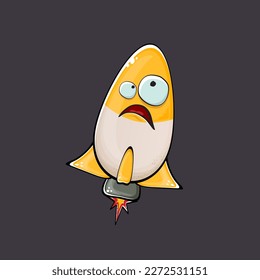 Raumschiff der Rakete. Cartoon-Weltraumrakete einzeln auf Weltraum-Hintergrund. Funky Raumschiff und Shuttle-Charakter mit Augen und Mund. Video-Clip-Art, Emoji, Label und Aufkleber für Vektorretro-Weltraumschiff