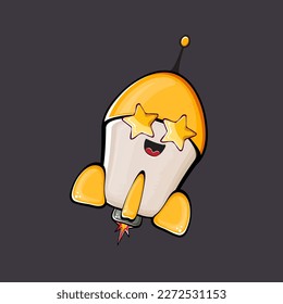 Rocket spaceship character. Cartoon space rocket isolated on space background. Funky spaceship and shuttle character with eyes and mouth. Vector retro space ship clip art, emoji, label and sticker