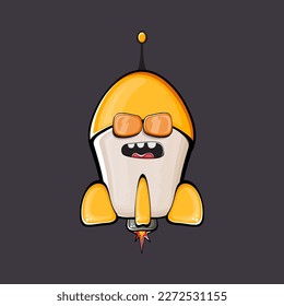 Carácter de nave espacial cohete. cohete espacial de caricatura aislado en el fondo del espacio. Funky nave espacial y personaje de autobús con ojos y boca. Vector retro espacio arte clip de barco, emoji, etiqueta y pegatina