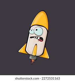 Carácter de nave espacial cohete. cohete espacial de caricatura aislado en el fondo del espacio. Funky nave espacial y personaje de autobús con ojos y boca. Vector retro espacio arte clip de barco, emoji, etiqueta y pegatina