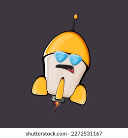 Carácter de nave espacial cohete. cohete espacial de caricatura aislado en el fondo del espacio. Funky nave espacial y personaje de autobús con ojos y boca. Vector retro espacio arte clip de barco, emoji, etiqueta y pegatina