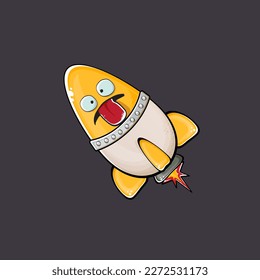 Rocket spaceship character. Cartoon space rocket isolated on space background. Funky spaceship and shuttle character with eyes and mouth. Vector retro space ship clip art, emoji, label and sticker