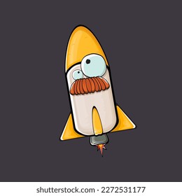 Rocket spaceship character. Cartoon space rocket isolated on space background. Funky spaceship and shuttle character with eyes and mouth. Vector retro space ship clip art, emoji, label and sticker