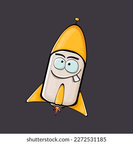 Rocket spaceship character. Cartoon space rocket isolated on space background. Funky spaceship and shuttle character with eyes and mouth. Vector retro space ship clip art, emoji, label and sticker