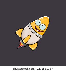 Carácter de nave espacial cohete. cohete espacial de caricatura aislado en el fondo del espacio. Funky nave espacial y personaje de autobús con ojos y boca. Vector retro espacio arte clip de barco, emoji, etiqueta y pegatina