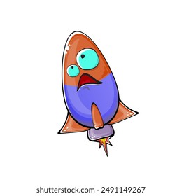 Carácter de nave espacial cohete. Cohete espacial de dibujos animados aislado sobre fondo transparente. Funky nave espacial y el carácter del transbordador con los ojos y la boca. Vector retro nave espacial arte de Clip, emoji, etiqueta y palo