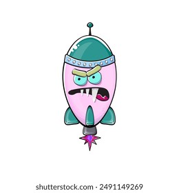 Carácter de nave espacial cohete. Cohete espacial de dibujos animados aislado sobre fondo transparente. Funky nave espacial y el carácter del transbordador con los ojos y la boca. Vector retro nave espacial arte de Clip, emoji, etiqueta y palo