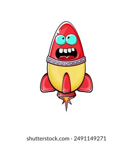 Rocket spaceship character. Cartoon space rocket isolated on transparent background. Funky spaceship and shuttle character with eyes and mouth. Vector retro space ship clip art, emoji, label and stick